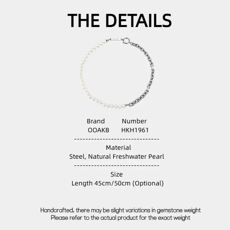Freshwater Pearl and Steel Half-Chain Necklace — specification card with material and size details