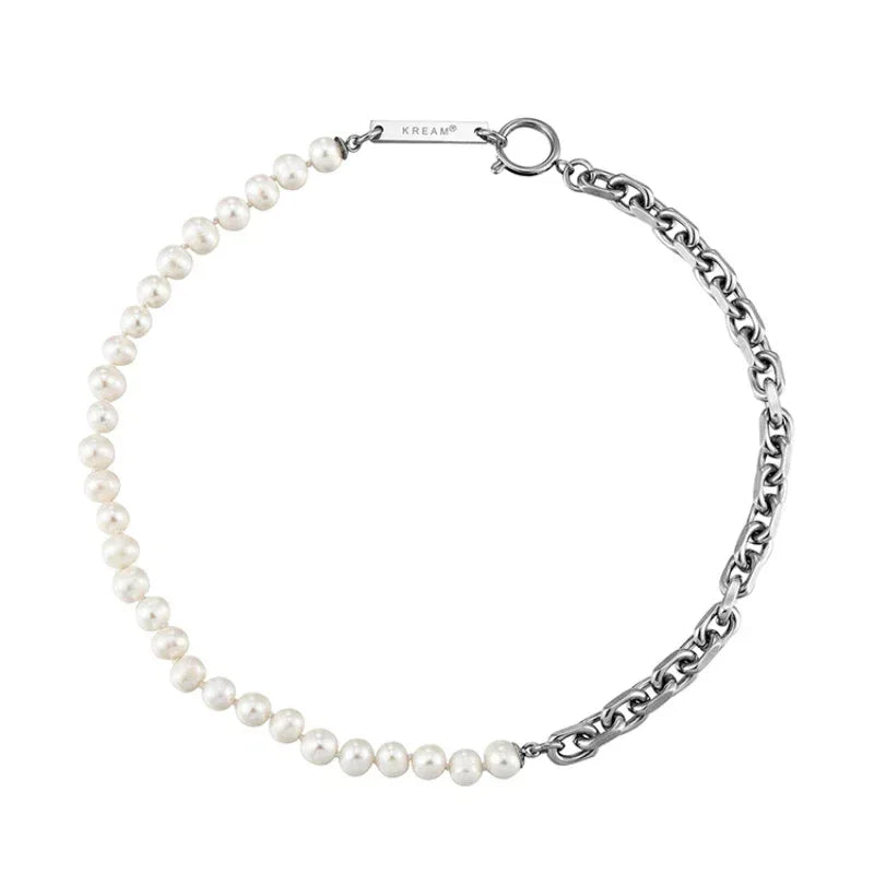 Freshwater Pearl and Steel Half-Chain Necklace — alternate isolated full necklace view