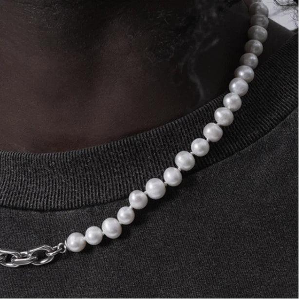 Freshwater Pearl and Steel Half-Chain Necklace — close neckline-worn view showing the transition between pearls and chain