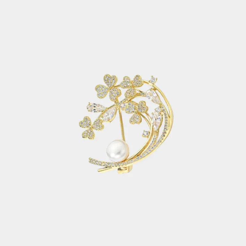 Freshwater Pearl Crescent Floral Brooch — front view of gold-tone crescent floral brooch