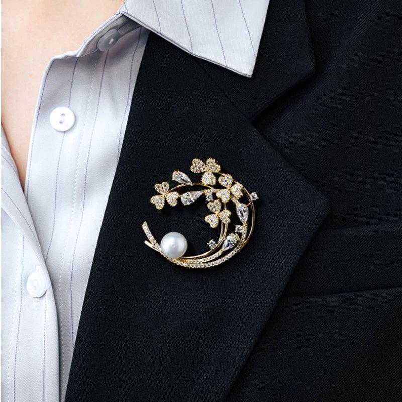 Freshwater Pearl Crescent Floral Brooch — alternate close blazer-worn view