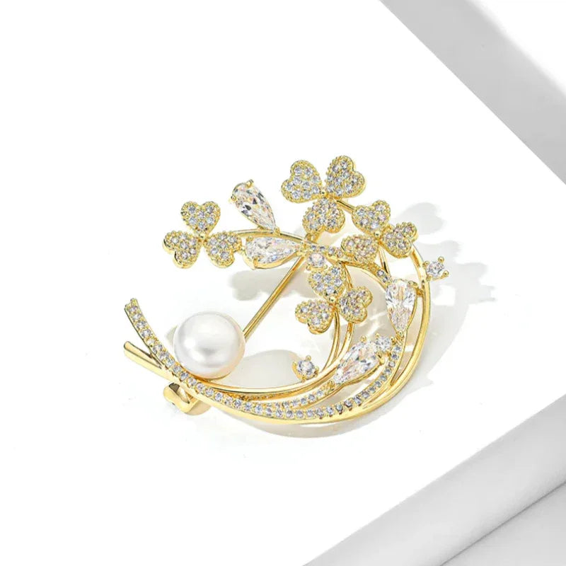 Freshwater Pearl Crescent Floral Brooch — angled product view on white