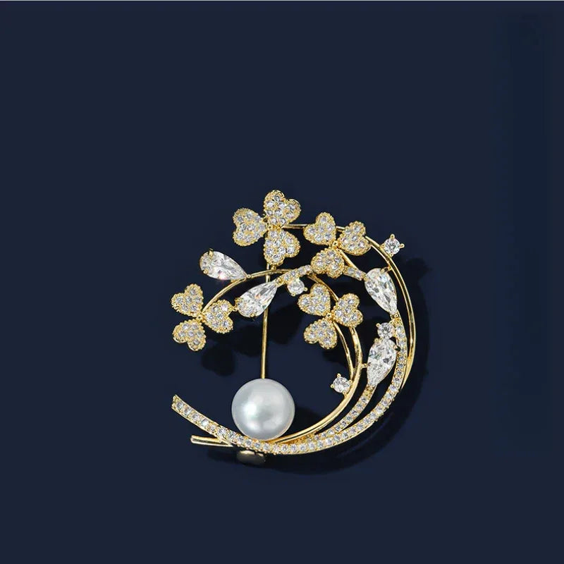 Freshwater Pearl Crescent Floral Brooch — front product view on a dark background