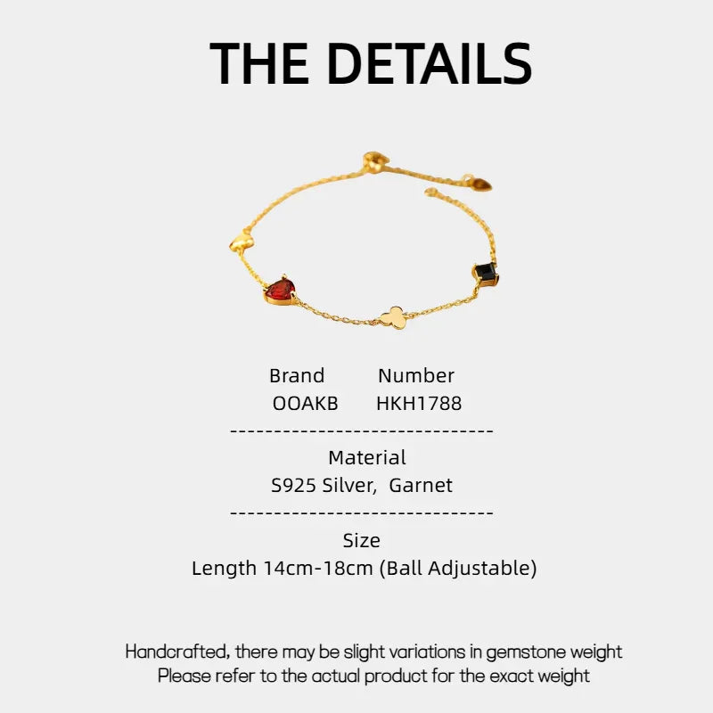 Garnet and Black Onyx Adjustable Bracelet specification card with measurements and material details