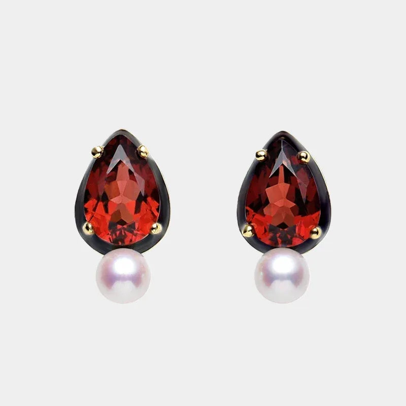 Garnet and Pearl Teardrop Earrings front product view on a light background