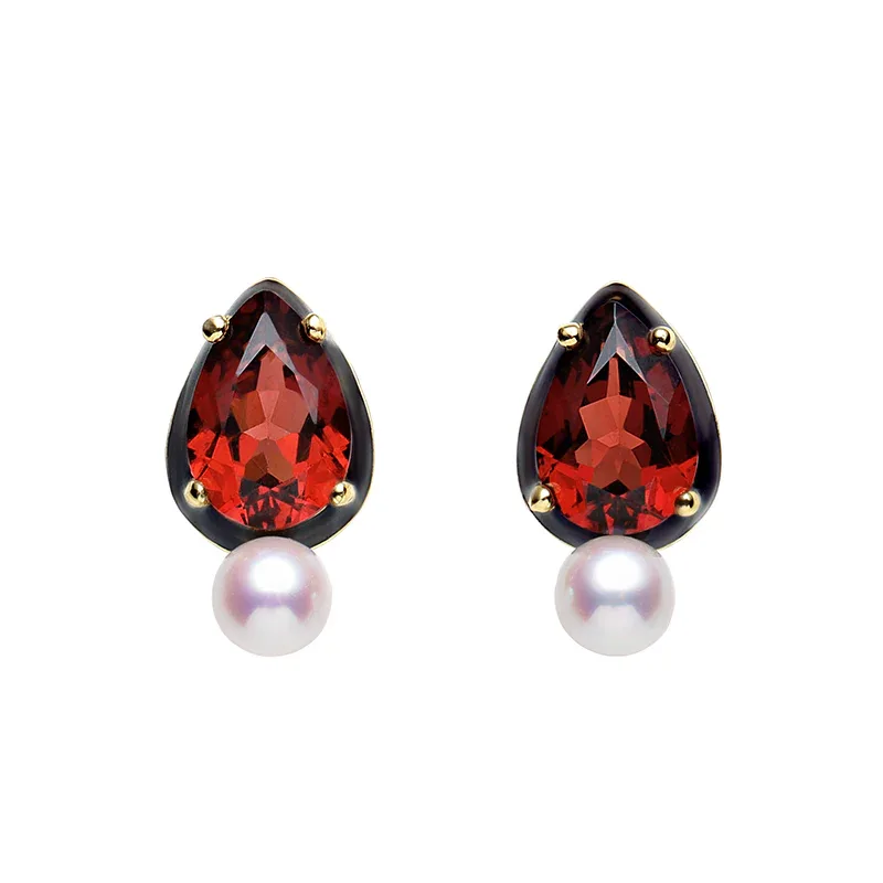 Garnet and Pearl Teardrop Earrings rear and band detail view 7