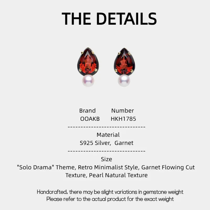 Garnet and Pearl Teardrop Earrings specification card with measurements and material details
