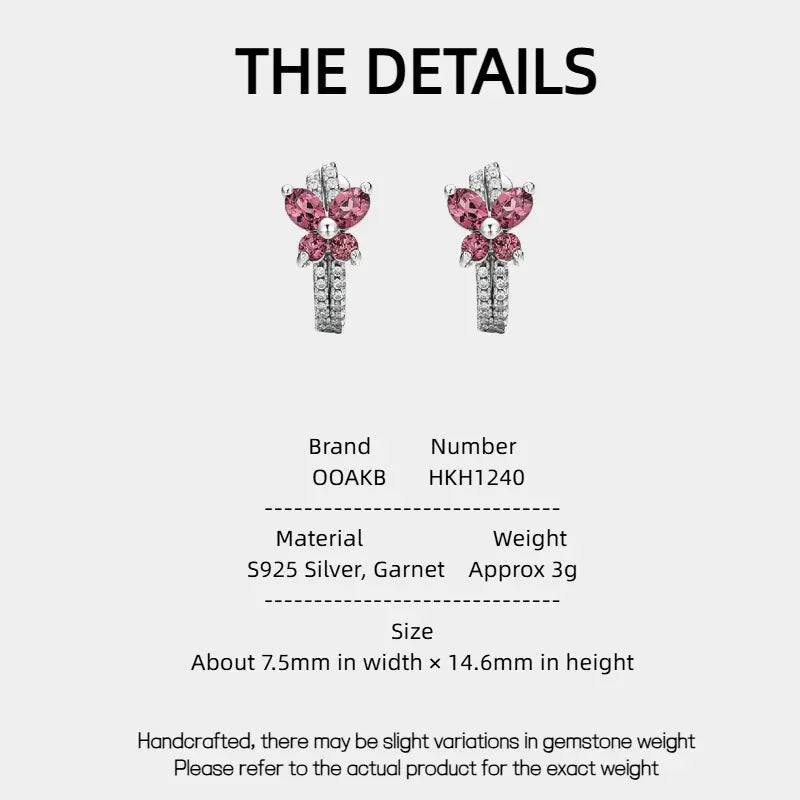 Garnet Butterfly Huggie Hoop Earrings specification card with measurements and material details