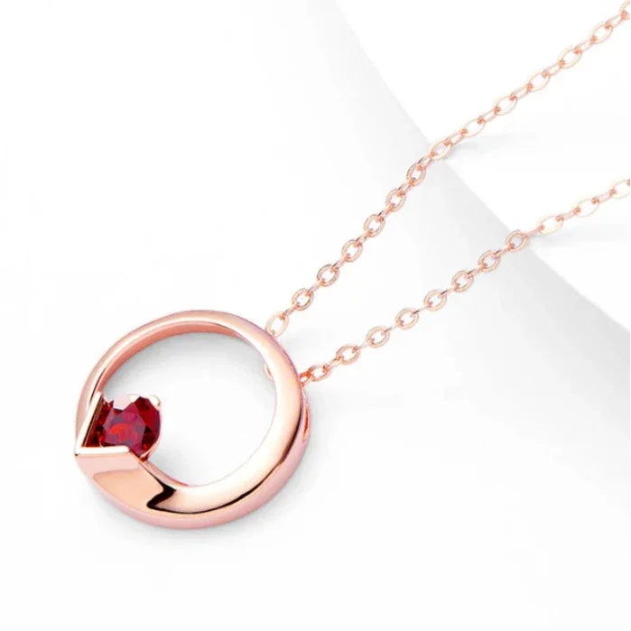 Garnet Circular Pendant Necklace side or angled pendant detail