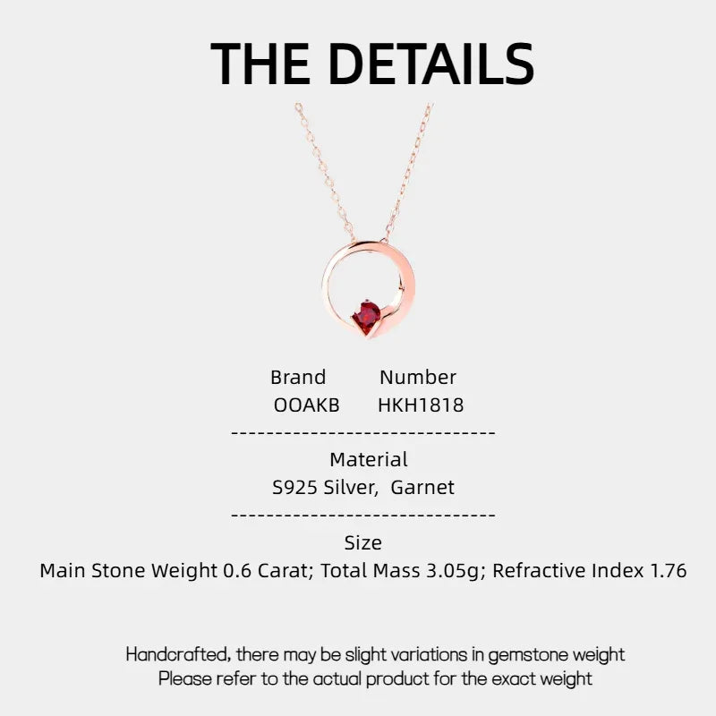 Garnet Circular Pendant Necklace specification card with measurements and material details