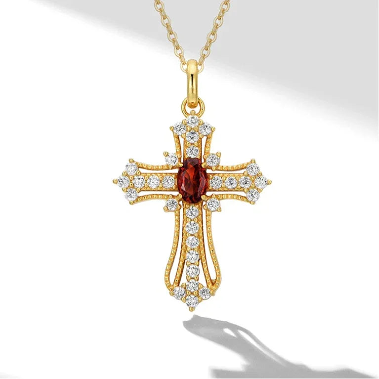 Garnet Cross Pendant Necklace alternate full necklace view