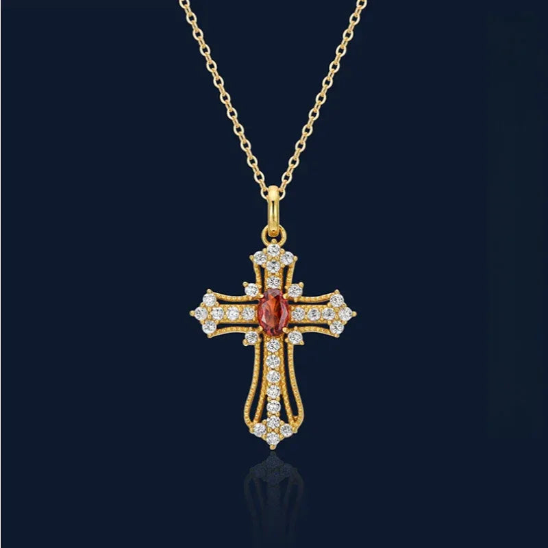 Garnet Cross Pendant Necklace close-up of the pendant and chain