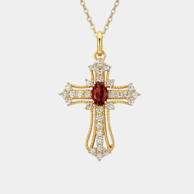 Garnet Cross Pendant Necklace full necklace view on a light background