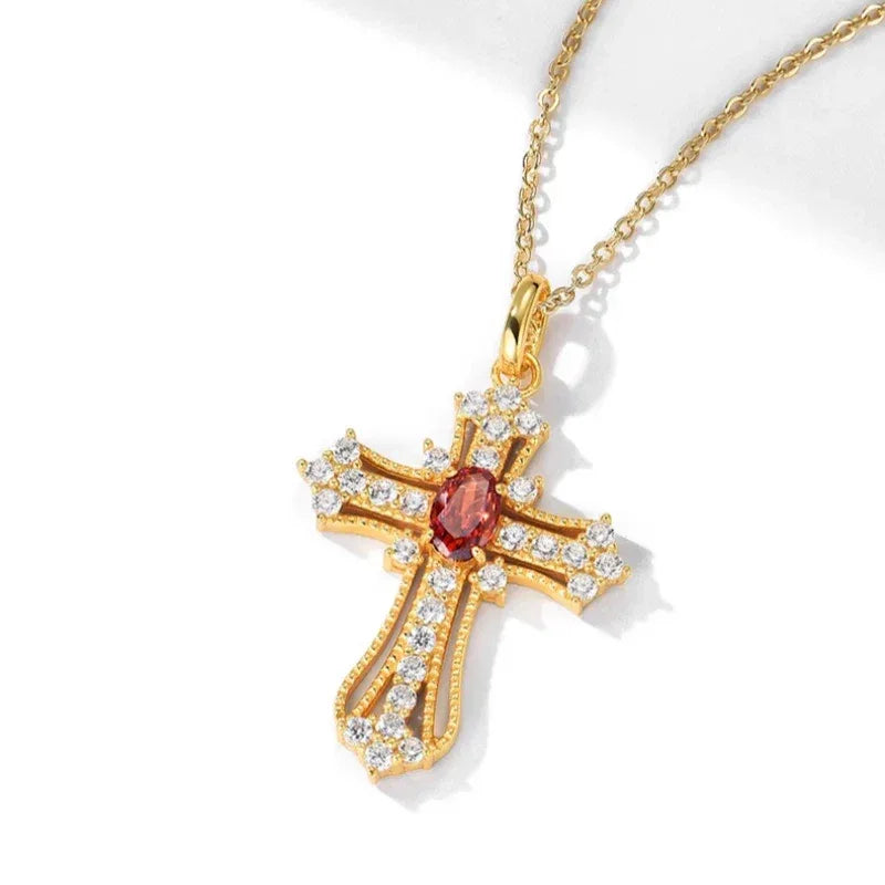 Garnet Cross Pendant Necklace side or angled pendant detail