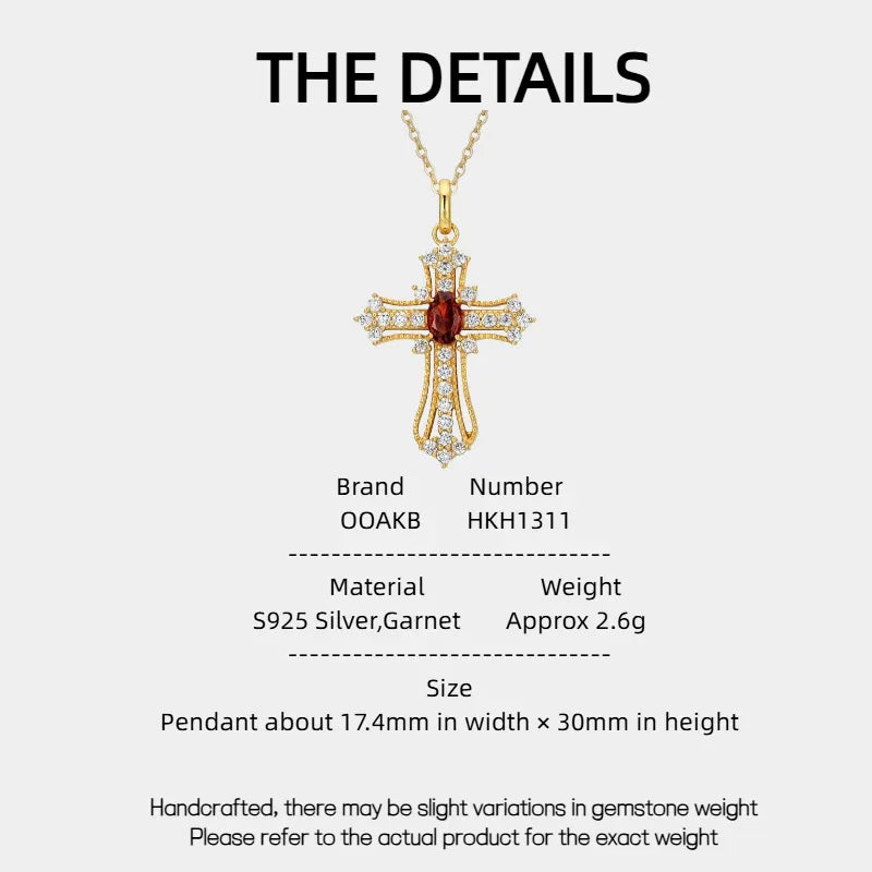 Garnet Cross Pendant Necklace specification card with measurements and material details
