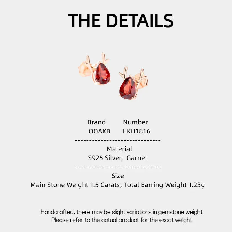 Garnet Deer Stud Earrings specification card with measurements and material details