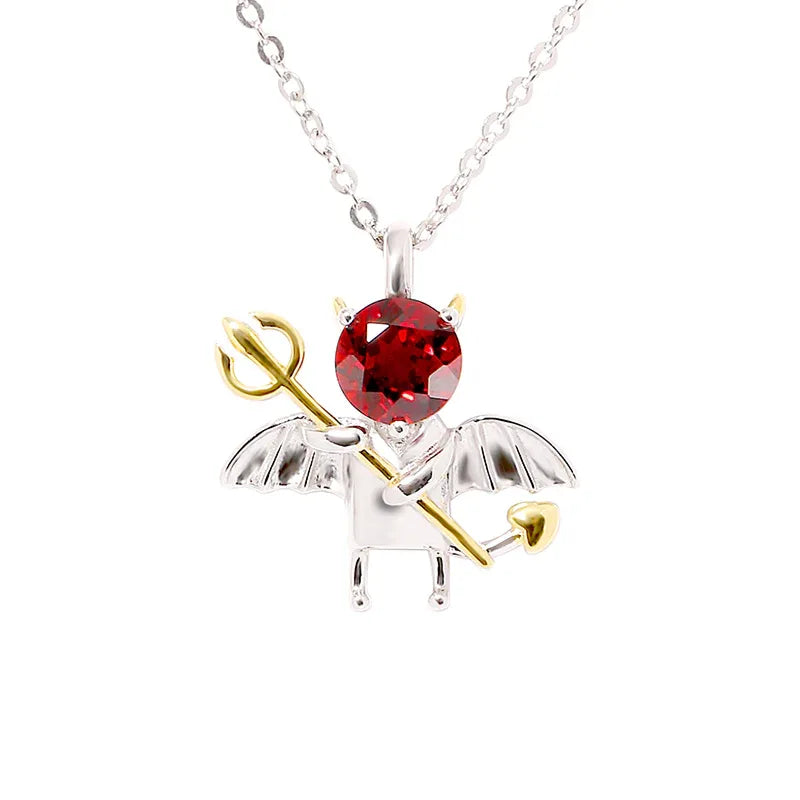 Garnet Devil and Wing Pendant Necklace close-up of the pendant and chain