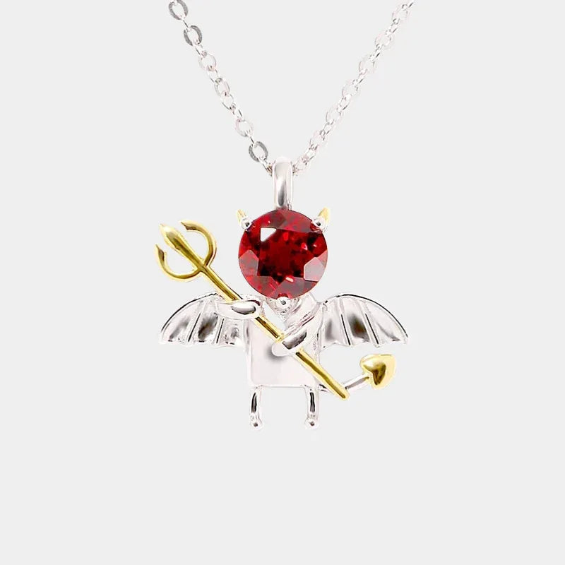 Garnet Devil and Wing Pendant Necklace full necklace view on a light background