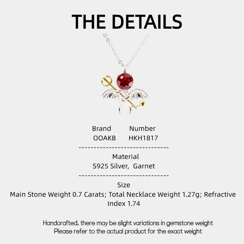 Garnet Devil and Wing Pendant Necklace specification card with measurements and material details