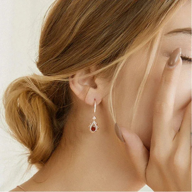 Garnet Filigree Teardrop Earrings rear and band detail view