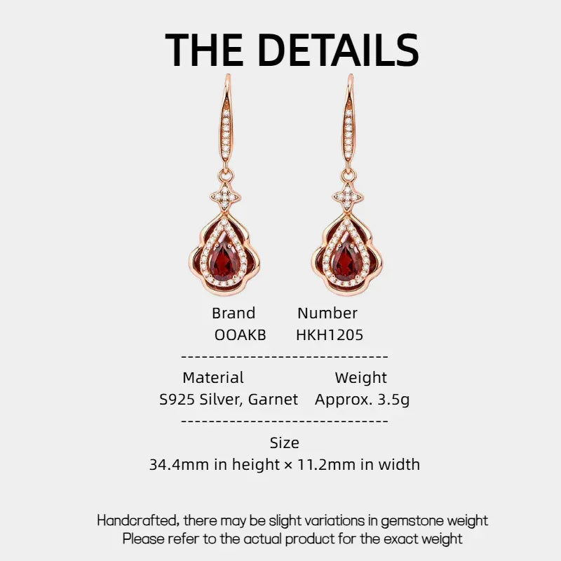 Garnet Filigree Teardrop Earrings specification card with measurements and material details