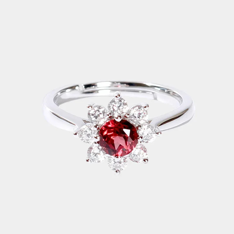 Garnet Floral Halo Adjustable Ring front product view on a light background