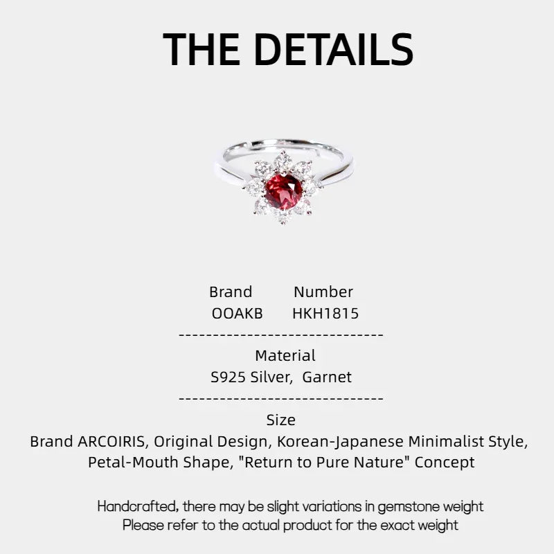 Garnet Floral Halo Adjustable Ring specification card with measurements and material details