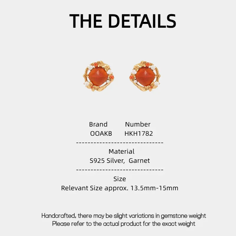 Garnet Floral Halo Stud Earrings specification card with measurements and material details