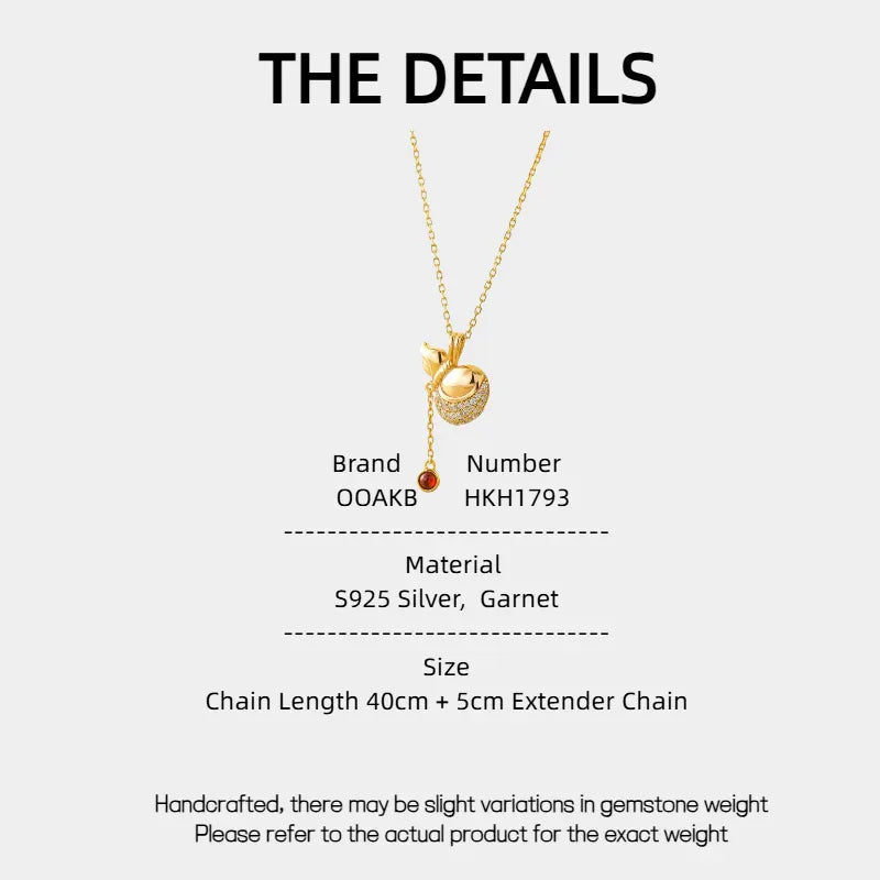 Garnet Gourd Drop Pendant Necklace specification card with measurements and material details