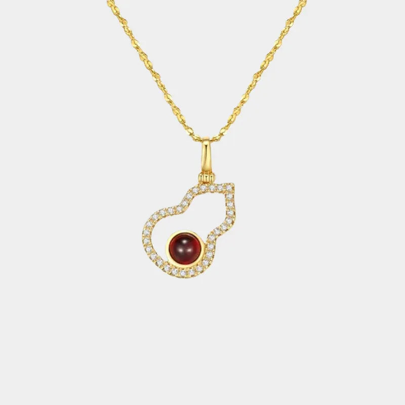 Garnet Gourd Halo Pendant Necklace full necklace view on a light background