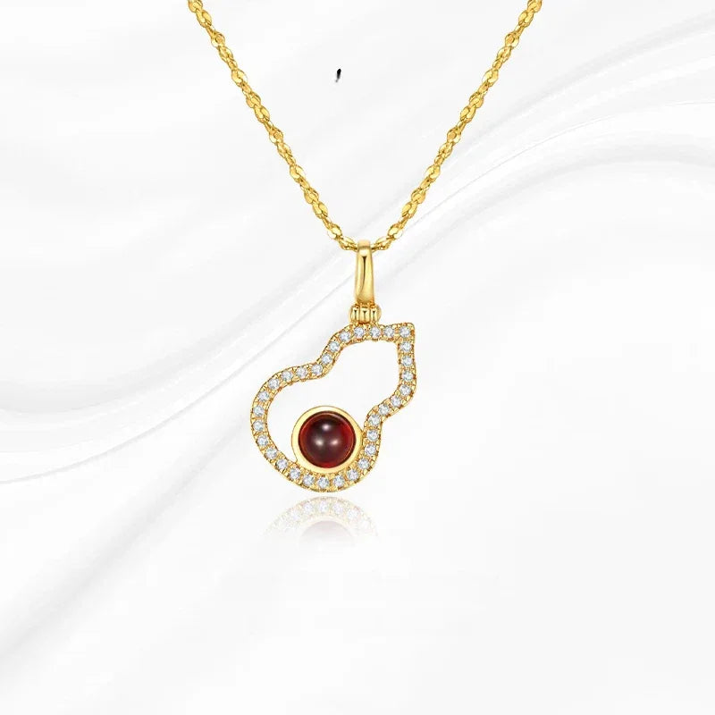 Garnet Gourd Halo Pendant Necklace side or angled pendant detail