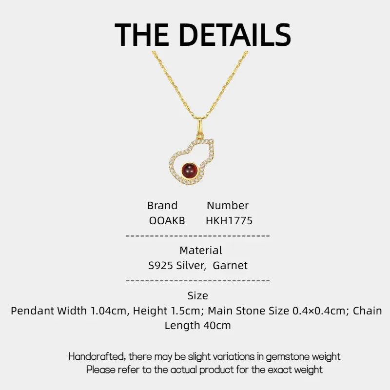 Garnet Gourd Halo Pendant Necklace specification card with measurements and material details