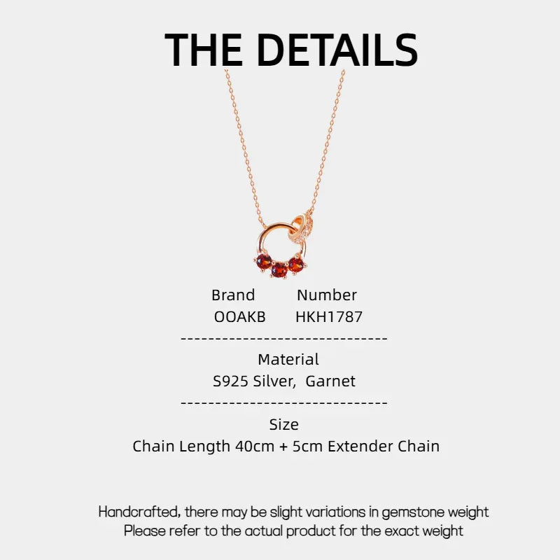 Garnet Interlocking Circle Pendant Necklace specification card with measurements and material details