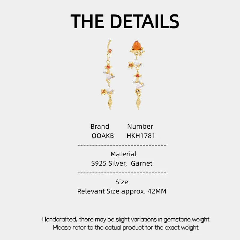 Garnet Leaf Cascade Drop Earrings specification card with measurements and material details