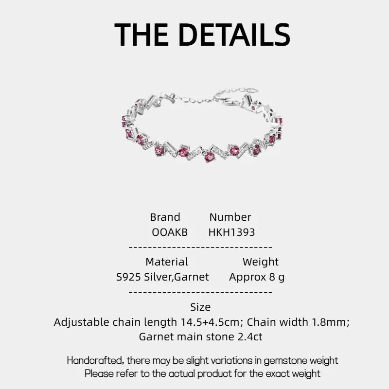 Garnet Leaf-Link Tennis Bracelet specification card with measurements and material details