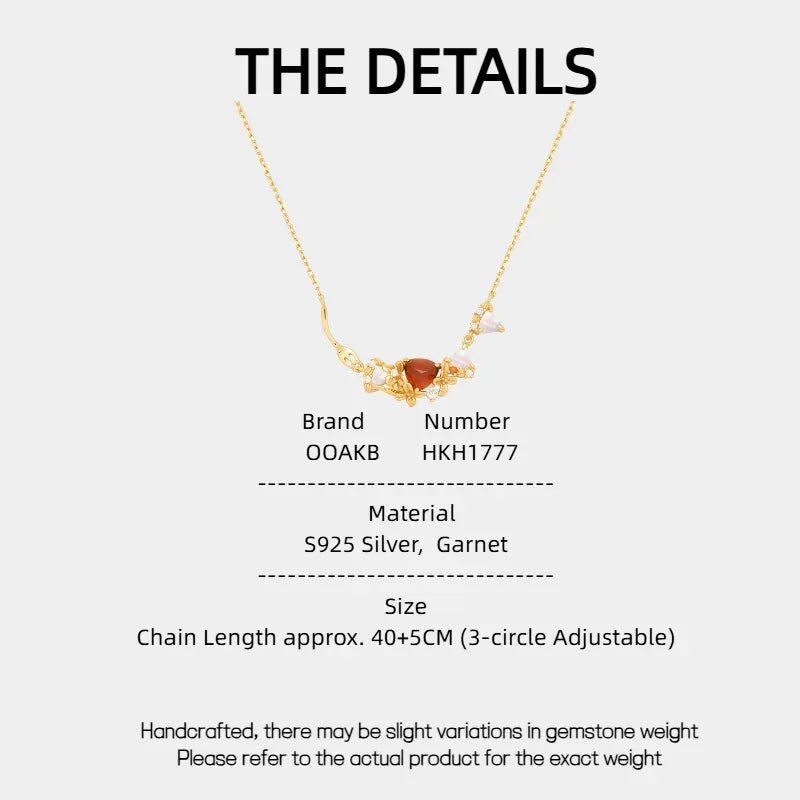 Garnet Multi-Stone Bar Necklace specification card with measurements and material details