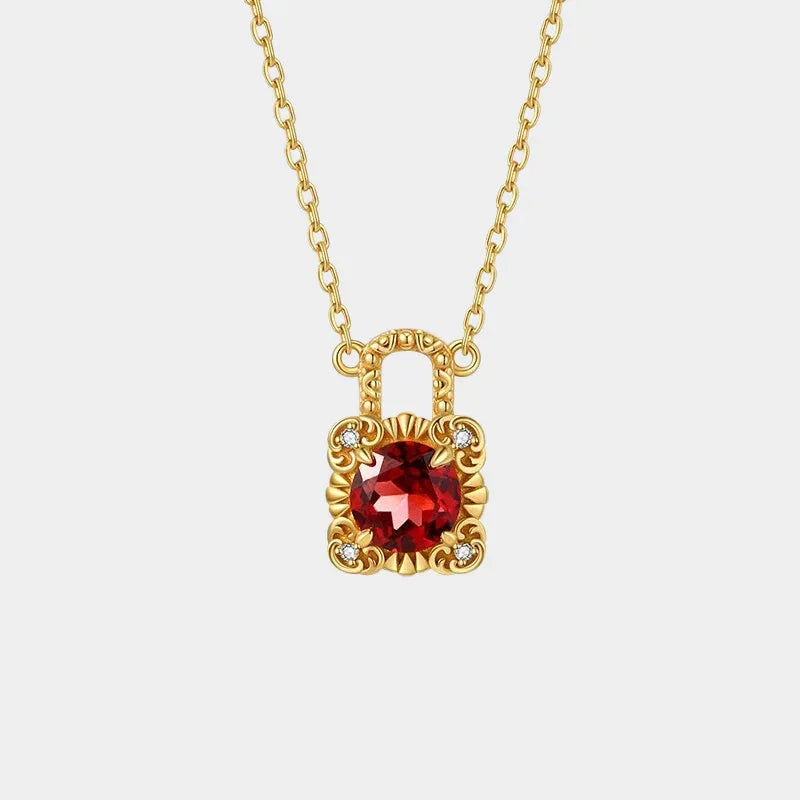 Garnet Padlock Pendant Necklace full necklace view on a light background