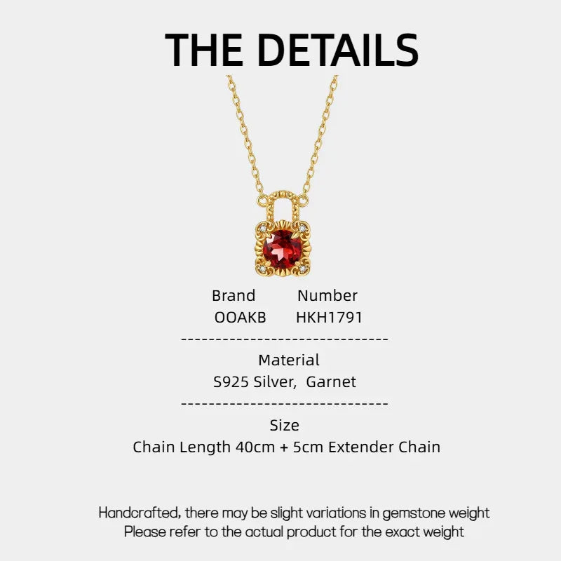 Garnet Padlock Pendant Necklace specification card with measurements and material details