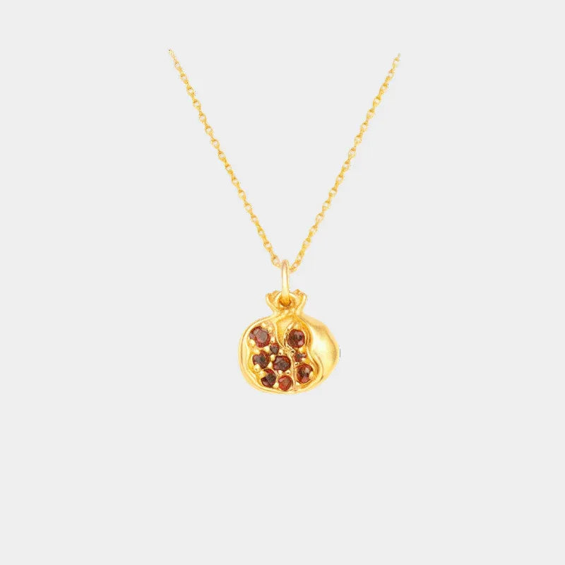 Garnet Pomegranate Pendant Necklace full necklace view on a light background