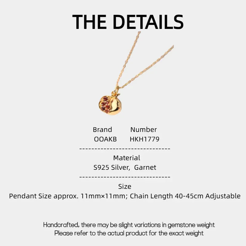 Garnet Pomegranate Pendant Necklace specification card with measurements and material details