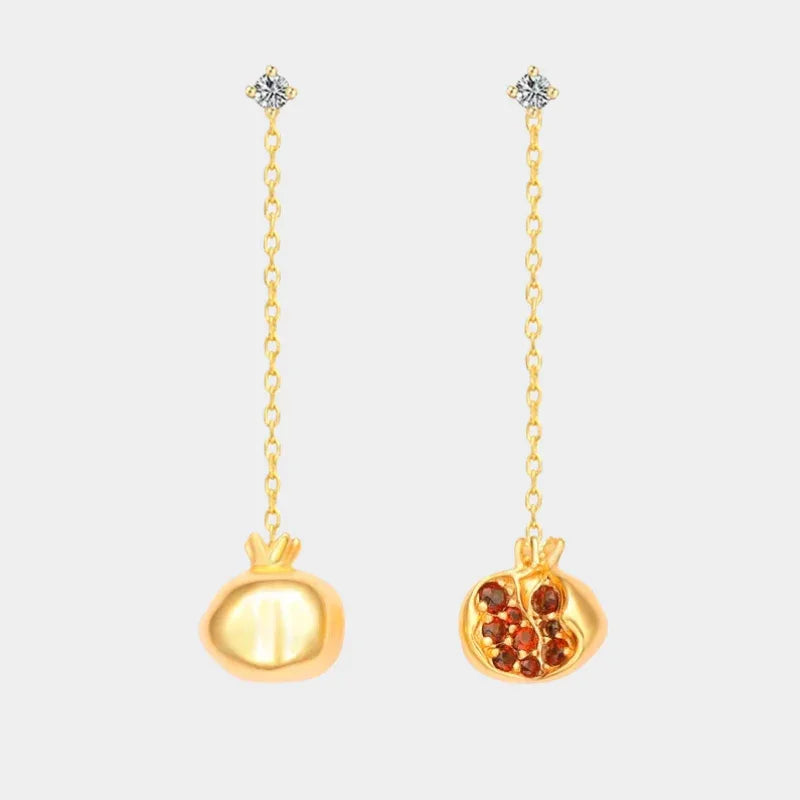 Garnet Pomegranate Threader Earrings front product view on a light background