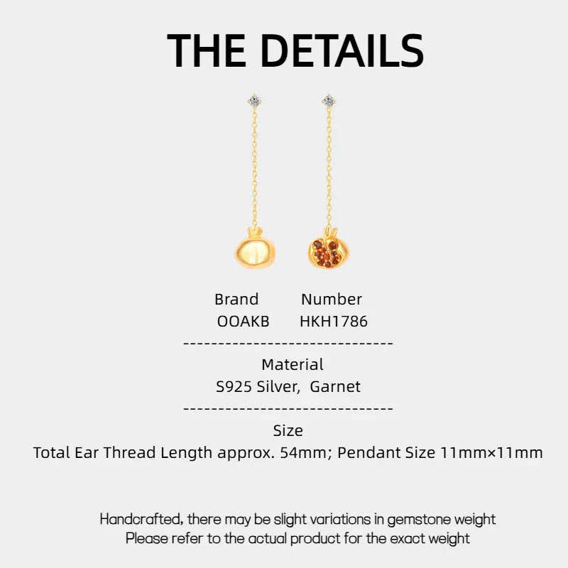 Garnet Pomegranate Threader Earrings specification card with measurements and material details