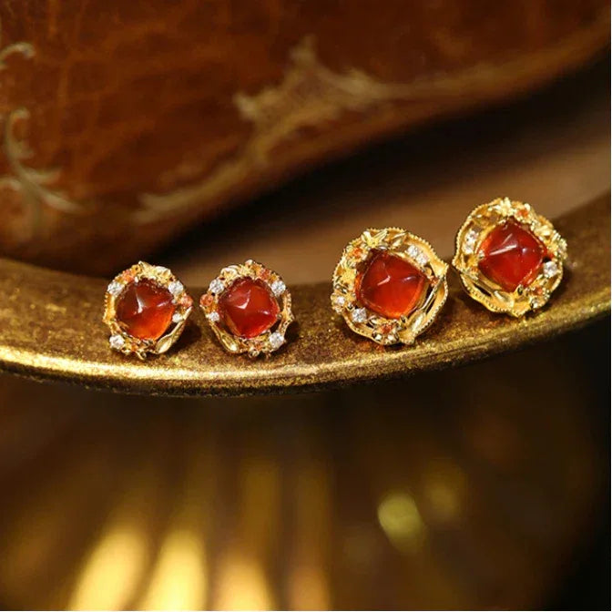 Garnet Rope-Halo Stud Earrings rear and band detail view