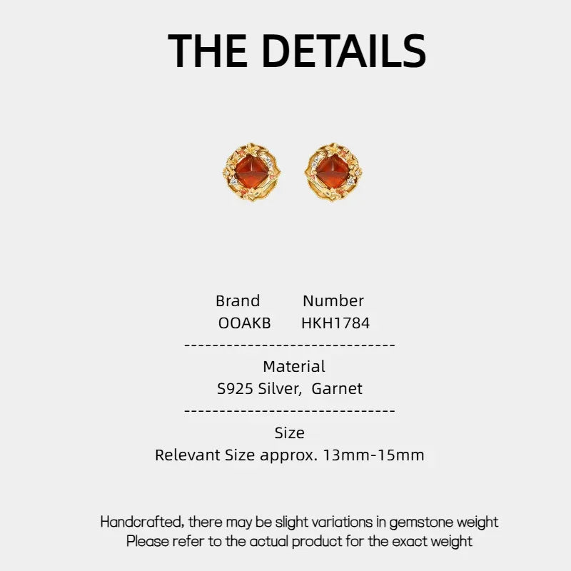 Garnet Rope-Halo Stud Earrings specification card with measurements and material details
