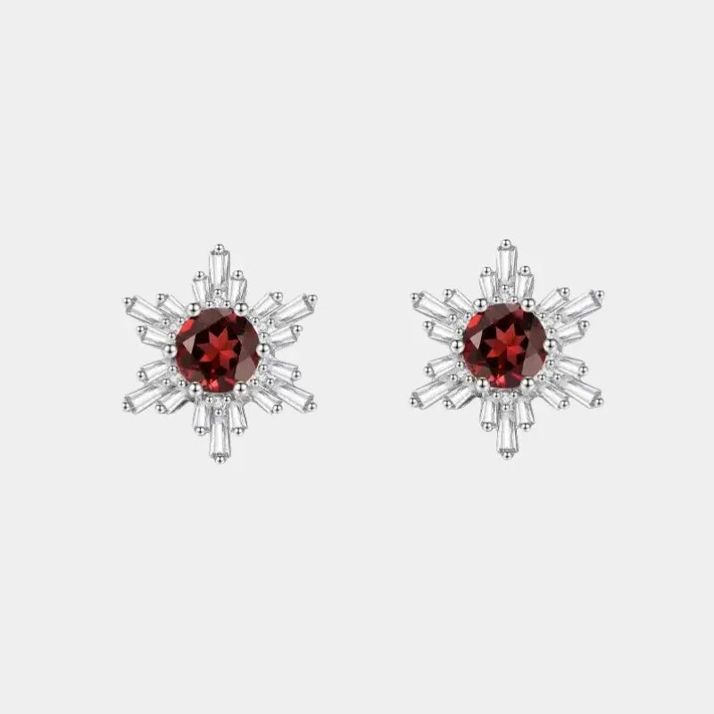 Garnet Snowflake Halo Stud Earrings front product view on a light background