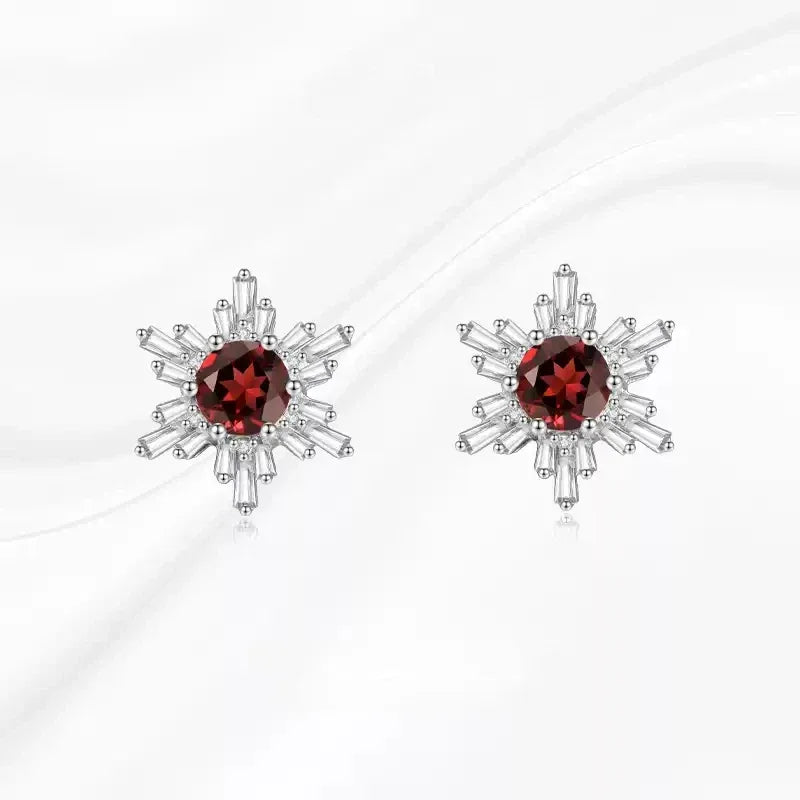 Garnet Snowflake Halo Stud Earrings rear and band detail view 7