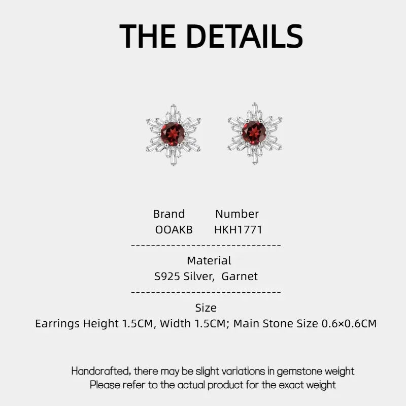 Garnet Snowflake Halo Stud Earrings specification card with measurements and material details