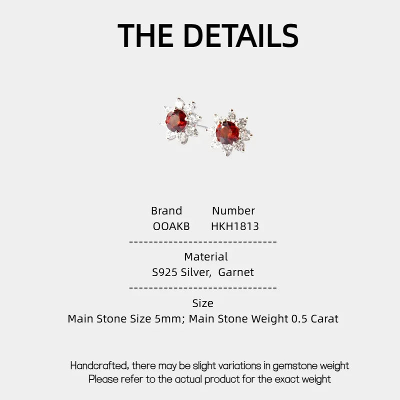Garnet Snowflake Stud Earrings specification card with measurements and material details