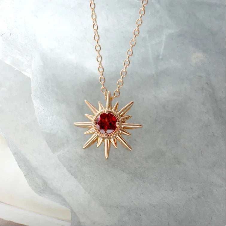 Garnet Sunburst Pendant Necklace alternate full necklace view