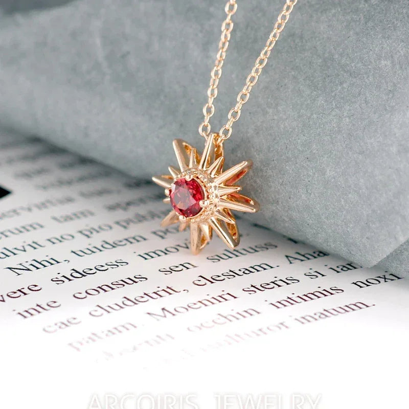 Garnet Sunburst Pendant Necklace side or angled pendant detail